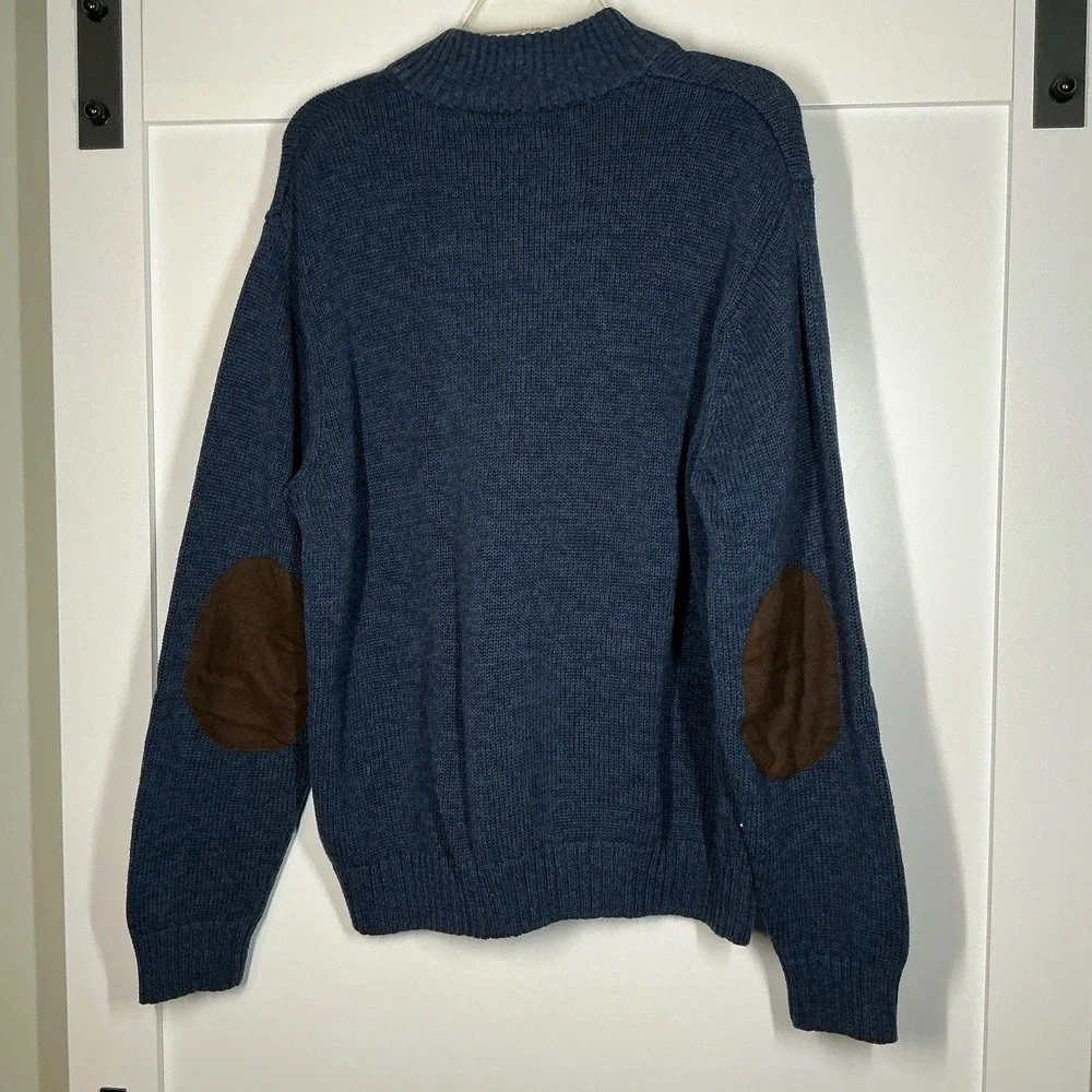 Chaps Henley Sweater Mens L‎ Navy Button Mock Neck Pullover Elbow Patch Preppy